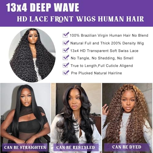 Momaksa 30 Inch Lace Front Wigs Human Hair Deep Wave 200% Density 13x4 HD Full Lace Frontal Wigs Human Hair 12A Pre Plucked Deep Wave Frontal Wig for Women Glueless Wigs Human Hair Natural Hairline