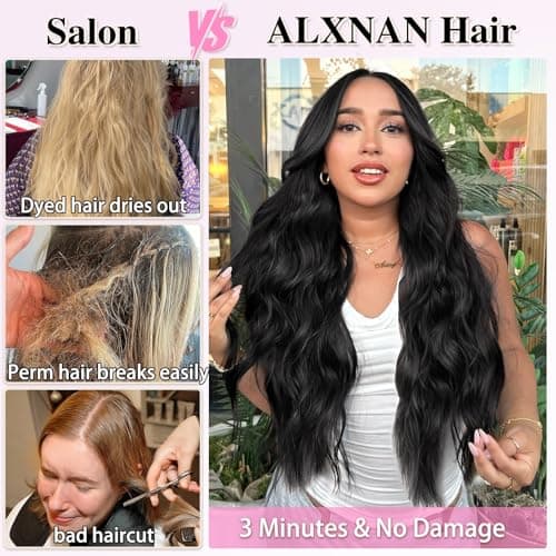 ALXNAN Clip in Long Wavy Synthetic Hair Extension 24 Inch Black 4PCS Thick Hairpieces Fiber Double Weft Hair for Women