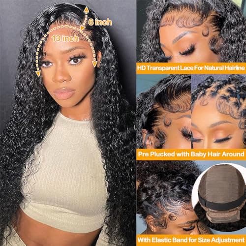 13x6 Deep Wave Lace Front Wigs - 200% Density HD Transparent Frontal Wigs - Glueless, Pre-Plucked with Baby Hair - Natural Black (30Inch)