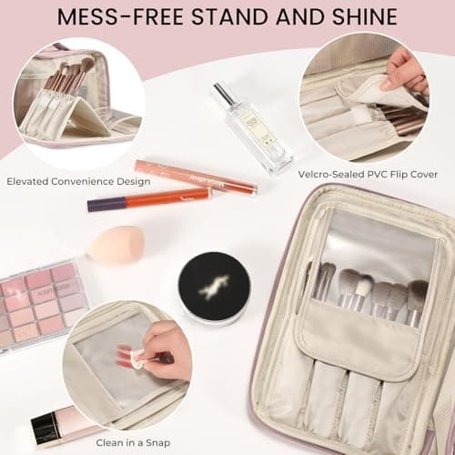 Travel Makeup Bag Women's Large Capacity Cosmetic Portable Organizer Large Opening Waterproof Storage Toiletry Bags Vertical Free-Standing Brush Holder for Easy Access Pink