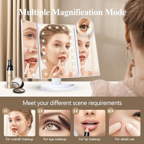 HUONUL Makeup Mirror, Gifts for Mom Mothers Day, Vanity Mirror with Lights, 2X/3X/10X Magnification, Touch Control, Trifold, Dual Power Supply, Birthday Gifts for Women, Girls, Dorm Room Essentials
