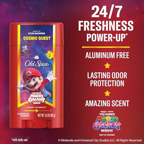 Old Spice Aluminum Free Deodorant for Men, Old Spice x The Super Mario Galaxy Movie, 24/7 Lasting Freshness, Lasting Odor Protection, Smell Super with Cosmic Quest, Star Showers Scent, 3.0 oz