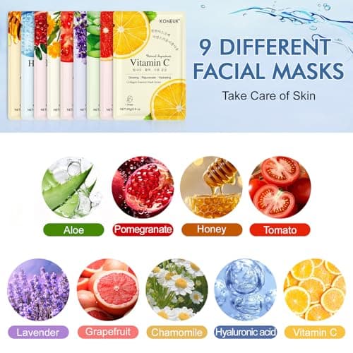 KONEUK 9 Pack Collagen Face Masks Skincare for Women, Hydrating Sheet Face Masks Suitable for All Skin Types, Bulk Facial Masks for Women Skin Care, Face Mask Gifts Set for Spa Party