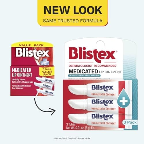 Blistex Medicated Lip Ointment, 0.21 Ounce Tube, Relieves Cold Sores & Helps Heal Dry Chapped Lips, Pain Relief from Lip Sores & Blisters, Healing Ointment, 3 Count(1 Pack)