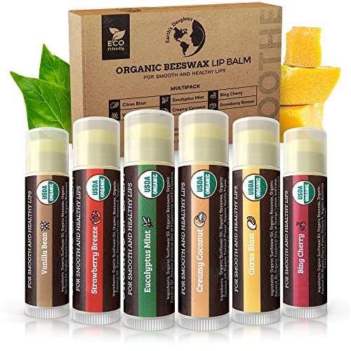 Earth's Daughter USDA Organic Lip Balm 6-Pack - Fruit Flavors, Beeswax, Coconut Oil, Vitamin E - Best Lip Repair Chapstick for Dry Cracked Lips - Moisturizing Lip Care