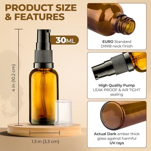 VitalUp 3 Pack Empty Refillable Glass Amber Pump Bottle Ideal for Lotion Cream Essential Oil Travel Small Container, 30ml