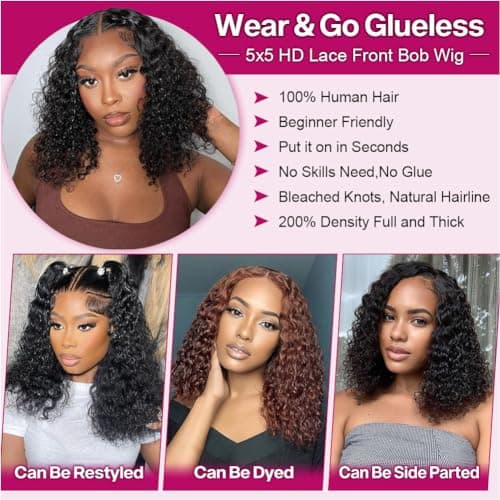 Ailwelia Curly Bob Wig Human Hair Deep Wave Glueless Wigs Human Hair Pre Plucked Pre Cut 5x5 Wear And Go Glueless HD Lace Closure Wigs Human Hair For Black Women 200% Density Black Color 14 Inch