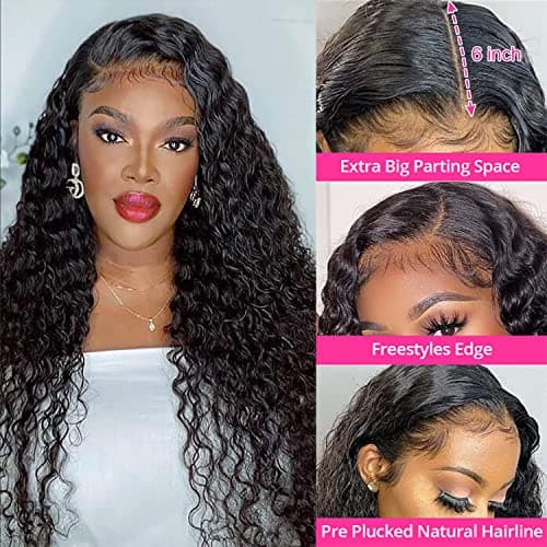 SNJON Water Wave 13x6 HD Transparent Lace Front Wigs Human Hair 180 Density Wet and Wavy Human Hair Wigs for Women Curly Lace Front Wig Human Hair Pre Plucked with Baby Hair Natural Color (18 Inch)