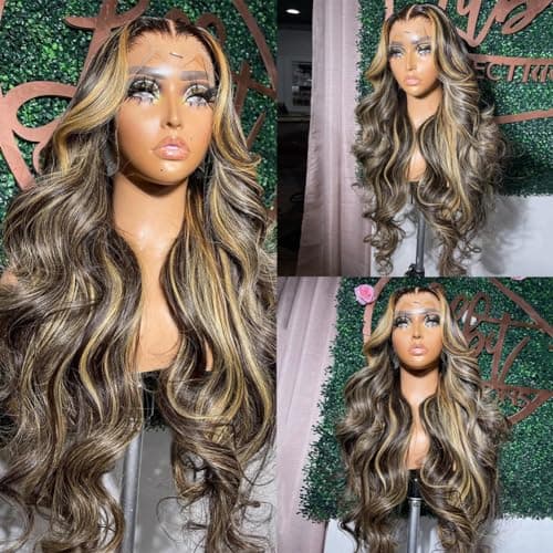 QUANDIAN 28 Inch 13x6 Balayage Highlight Lace Front Wig Human Hair 13x6 HD Lace Front Wigs Human Hair Body Wave Wig 180% Density FB/27 Colored Frontal Wigs Glueless for Women Ombre