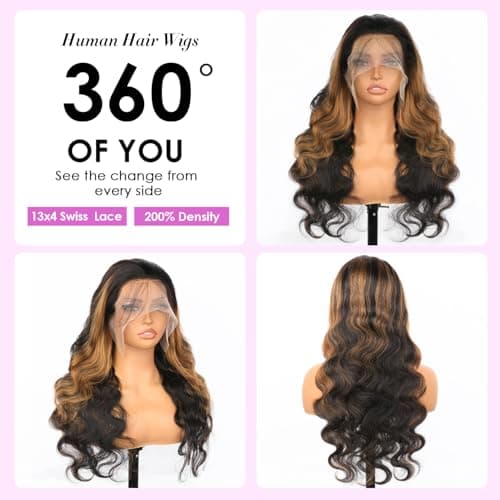 Vemalin Highlight Ombre Lace Front Wig Human Hair Body Wave Lace Front Wigs Human Hair Pre Plucked 13x4 1B/30 Brown Highlight Wig 200 Density Colored 26 Inch Balayage Wigs for Women