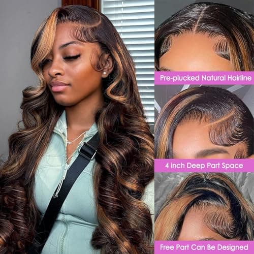 Vemalin Highlight Ombre Lace Front Wig Human Hair Body Wave Lace Front Wigs Human Hair Pre Plucked 13x4 1B/30 Brown Highlight Wig 200 Density Colored 26 Inch Balayage Wigs for Women