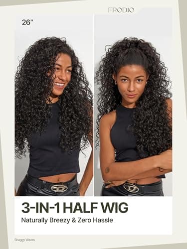 Frodio Curly Half Wig 26 Inches Veralux™ Fiber Blend Human Hair Headband Wig 3 in 1 Shaggy Wave Flip Over Drawstring Wig 200% Density Natural Black Ready to Go Glueless Wig for Women