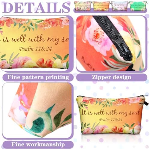 Chunful 12 Pcs Inspirational Christian Gifts Religious Makeup Bags Bulk for Women Bible Verse Flower Cosmetic Bag Mother's Day Gift for Church Ladies, 7.48 x 4.72 Inch(Stylish)