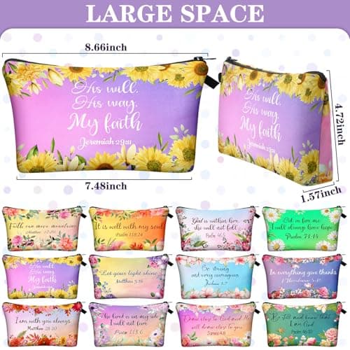 Chunful 12 Pcs Inspirational Christian Gifts Religious Makeup Bags Bulk for Women Bible Verse Flower Cosmetic Bag Mother's Day Gift for Church Ladies, 7.48 x 4.72 Inch(Stylish)