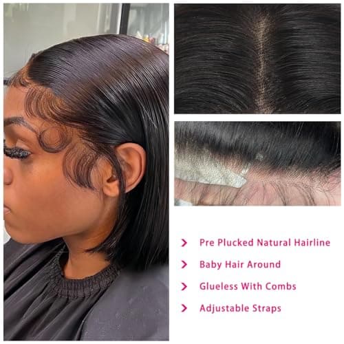 Shesbeauty 10 Inch Bob Wig Human Hair 13x4 HD Lace Front Wigs Human Hair Pre Plucked Short Bob Wig Lace Frontal Wigs for Black Women 180% Density Glueless Straight Human Hair Wig Natural Color