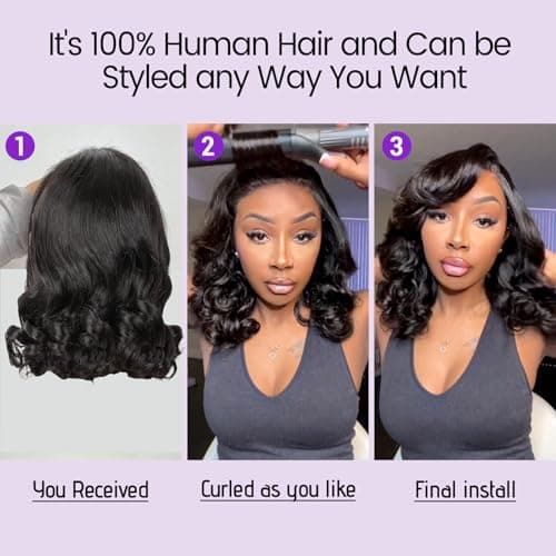 UVVUVV Wear and Go Glueless Wigs Pre Plucked Pre Cut 4x4 Body Wave Bob Wig Human Hair wigs for black women Short Bob Wig Human Hair 180 dentisty natrual color 14inch
