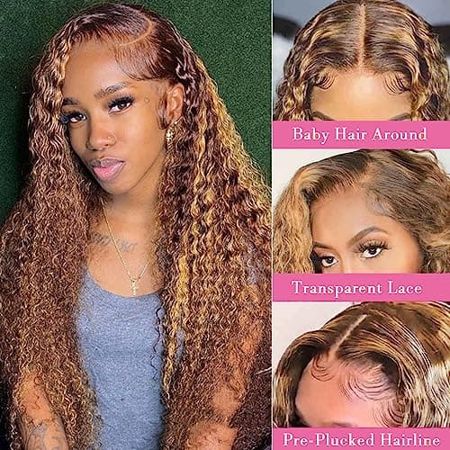Chesma 28inch Highlight Ombre Lace Front Wig Human Hair 13x4 HD Honey Blonde 4/27 Deep Wave Lace Frontal Wigs Glueless Wigs 180 Density